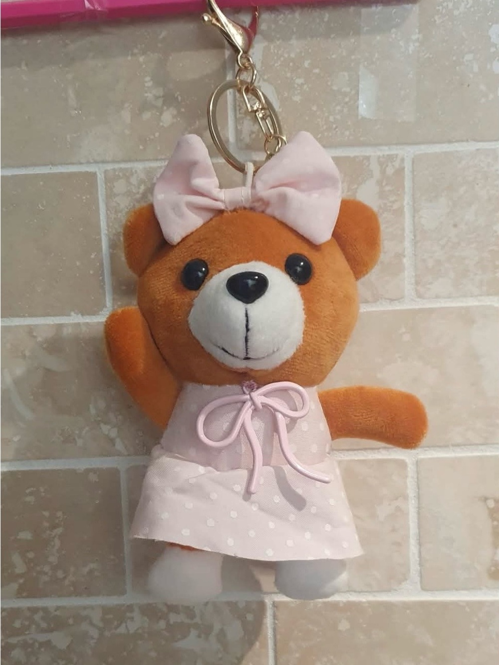 Plush Bear Key Chain and Bag Charm in Brown with Pink Dress and Bow